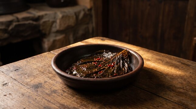 A single, aged banchan dish holding pungent marinated perilla leaves (Kkaennip-jangajji) under focused light.