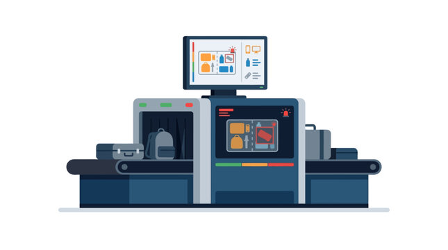 High-tech airport baggage scanner machine with luggage on conveyor belt for security screening flat design vector illustration