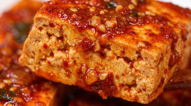 The coarse texture of Dubu-jorim (braised tofu) coated in spicy gochugaru red sauce.