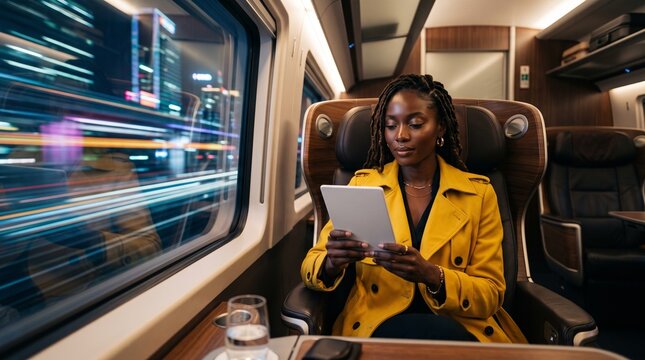 African woman reading on a digital tablet while traveling by train