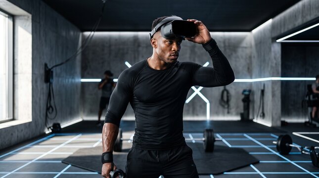 Man training in virtual reality dojo with VR headset in gym