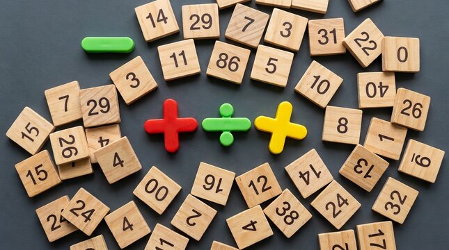 Primary math operation signs with scattered wooden numbers on gray textured surface for educational and problem solving themes