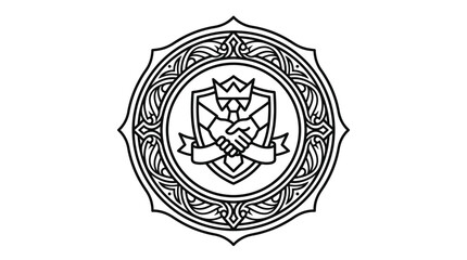 Obraz premium Dynamic Black and White Intricate Heraldic Seal with Crown Handshake and Ornate Border Design with high quality professional line art symbols for modern creative design and digital branding projects