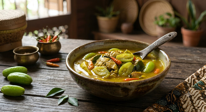 Kuah Masam Keueueng, traditional Indonesian sour and spicy fish soup from Aceh, featuring yellow turmeric broth with averrhoa bilimbi starfruit.
