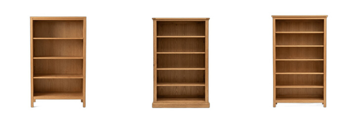 Wooden bookshelves and bookcases set isolated on white background, classic wooden furniture and library storage units for graphic design assets © laskhar