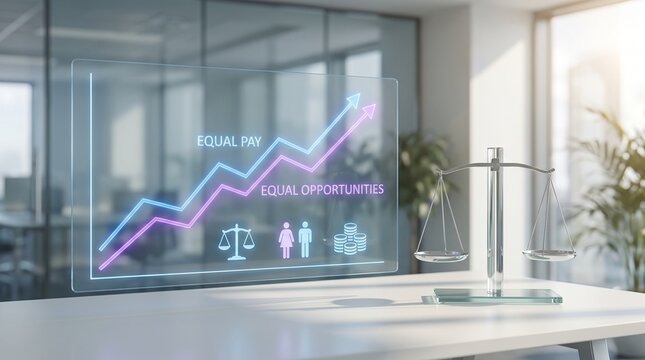 Equal Pay Day business concept featuring a holographic growth chart, equal opportunity message, balanced justice scale, and workplace analytics promoting salary equality and fairness.