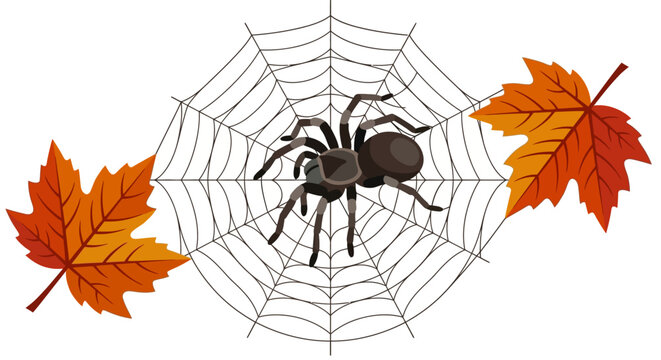 Large tarantula spider sitting on cobweb with autumn maple leaves for Halloween seasonal flat vector illustration