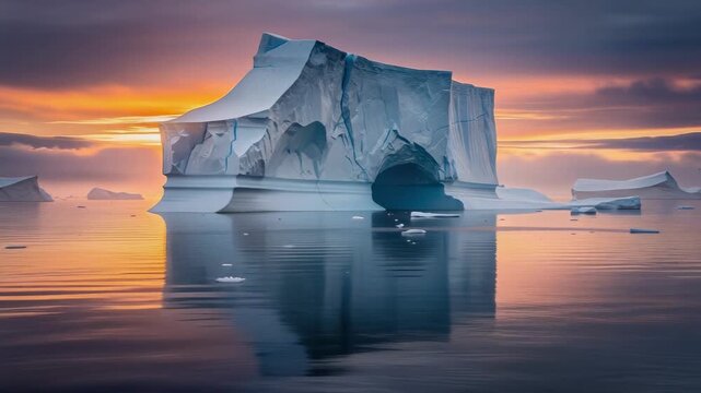 Firefly exploring serene iceberg sunset reflecting vibrant colors on calm ocean waters nature landscape