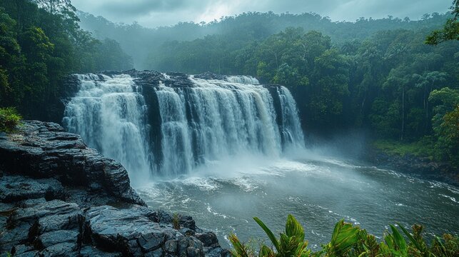A majestic waterfall cascades down a rocky cliff face surrounded by lush green trees in a serene and tranquil setting
