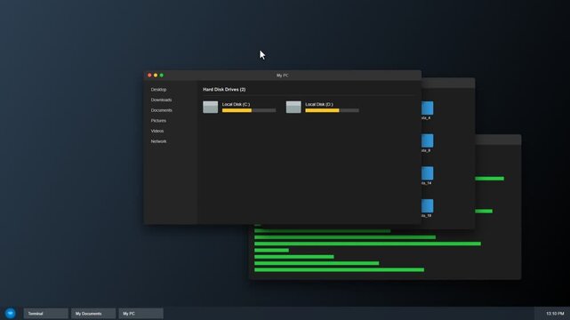 Computer interface showing file folders and terminal