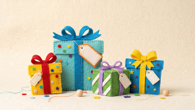 Handcrafted felt illustration of four colorful, stitched gift boxes adorned with ribbons, bows, and blank tags, arranged on a plain surface.