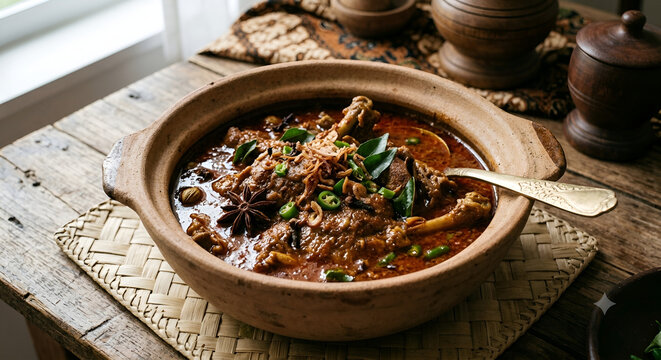 Kuah Sie Itek, traditional Indonesian duck curry from Aceh, slow-cooked in a rich spice blend and coconut milk, served in a rustic clay pot.