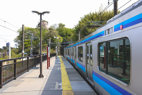 April 28 2026 a Matsushimakaigan Station platform with train, japan