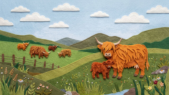 Handcrafted felt illustration of a Highland cow and calf in a green pasture with grazing cattle, flowers, rolling hills, and clouds in a blue sky.