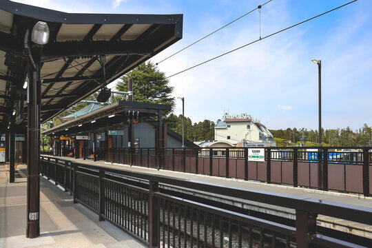 April 28 2026 a Matsushimakaigan Station platform with train, japan