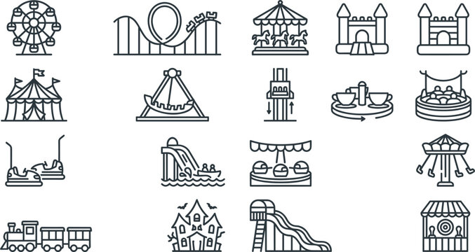 PrintAmusement Park and Carnival Ride Line Icon Set Featuring Ferris Wheel Roller Coaster Carousel Bouncy Castle Circus Tent Bumper Cars and Haunted House Symbols
