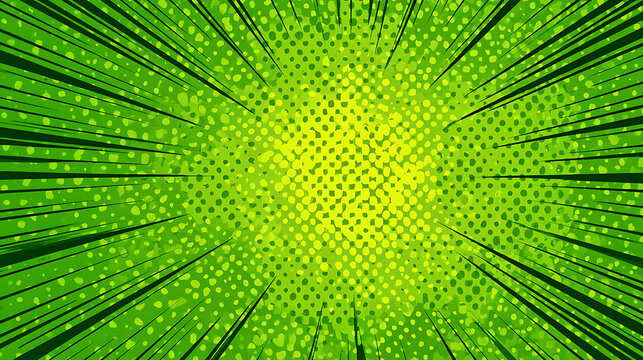 Dynamic Comic Book Style Background Featuring Intense Green Radiation Rays And Dotted Halftone Pattern