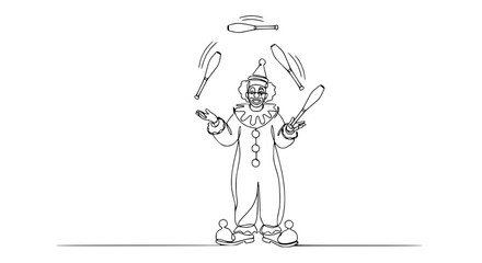 Clown juggling clubs on white background, line art