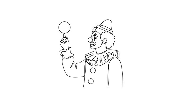 One line drawing of a clown holding a ball on a stick, celebrating