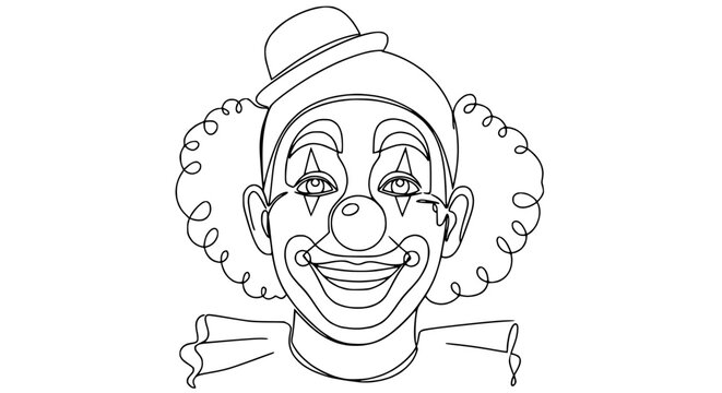 Minimalist continuous line drawing of a happy clown face with curly hair and hat, isolated on white