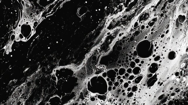 Monochrome fluid art featuring swirling black and white paint patterns with bubbles abstract design