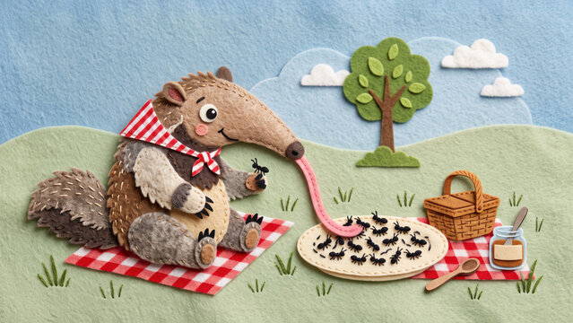 Handcrafted felt illustration of an anteater sitting on a picnic blanket, using its long tongue to eat ants from a plate next to a picnic basket and a tree.