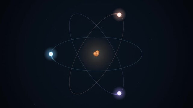 Stylized physics animation of subatomic particles orbiting a nucleus