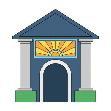 Grand architectural building entrance with a triangular pediment and sunburst transom window set against a clean white background, classic facade design concept