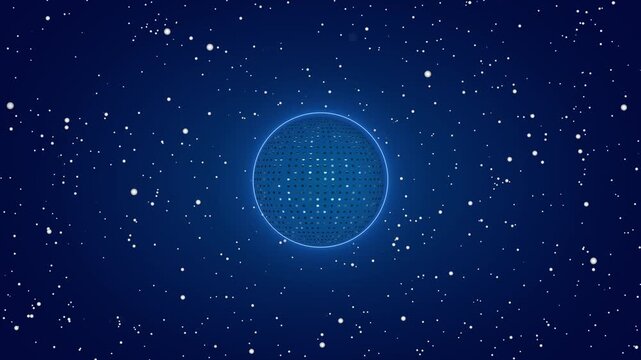 Abstract futuristic digital sphere rotates slowly in outer space surrounded by countless twinkling stars and glowing particles creating a sense of mystery and wonder.