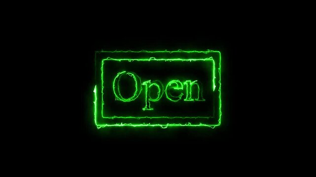 Neon green glowing open sign light animation flickering in dark background for business shop display entry way storefront marketing advertisement digital electric signage board.