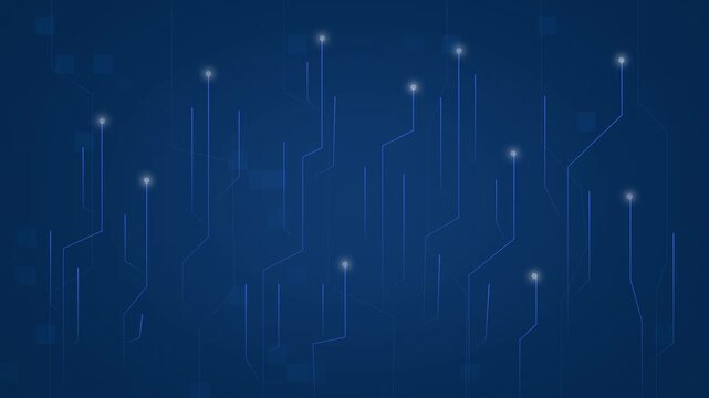Digital abstract blue background with glowing lines and squares representing technology and data flow dynamic motion.