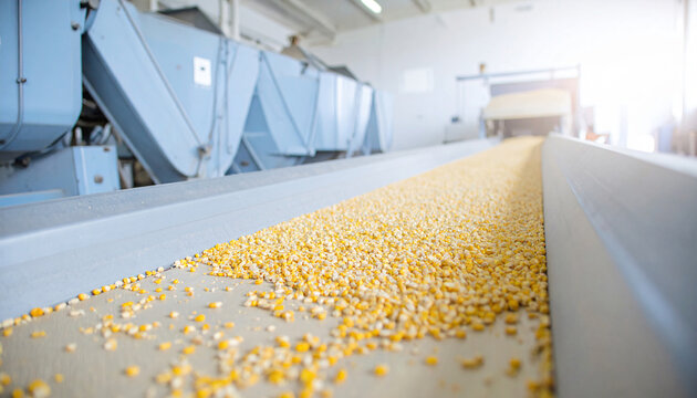 Abundant yellow corn kernels transported along a polished metal conveyor belt, industrial facility background with soft light