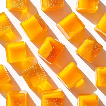 Colorful orange jelly cubes arranged in pattern.