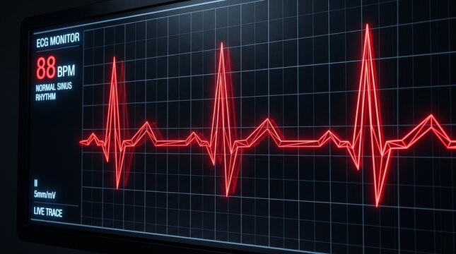 ECG Monitor Heartbeat: A close-up of a red ECG monitor displays a healthy heartbeat rhythm, indicating normal sinus rhythm and 88 beats per minute, set against a dark, grid-lined background.