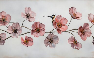 Fototapeta premium Pink blossoms branch with a small bird perched gracefully among them.