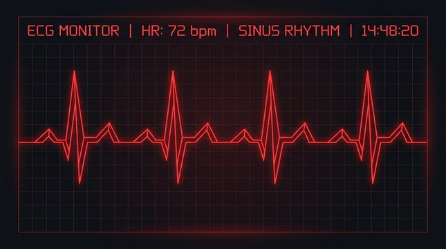 ECG Heartbeat Monitor: A digital display shows a red electrocardiogram (ECG) waveform on a grid, indicating a healthy sinus rhythm and heart rate.