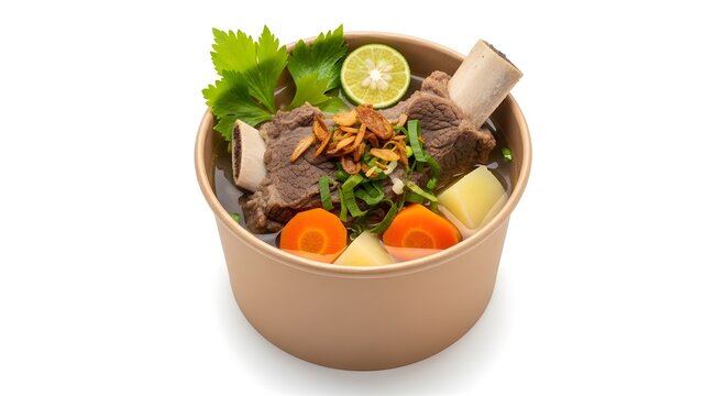 Indonesian Beef Rib Soup Sop Iga in Takeout Bowl on White