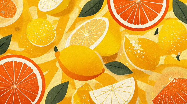 Flat Lay Illustration Of Fresh Citrus Fruits With Sliced Lemons And Oranges On A Vibrant Yellow Surface