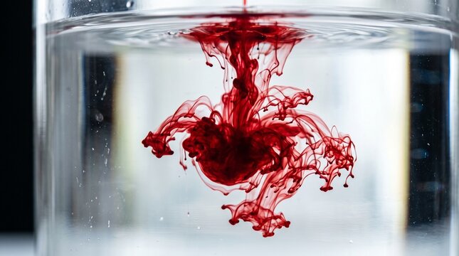 Blood Drop in Water: A vivid red drop of liquid dissolves in clear water, creating an abstract, artistic pattern that evokes a sense of mystery and drama.