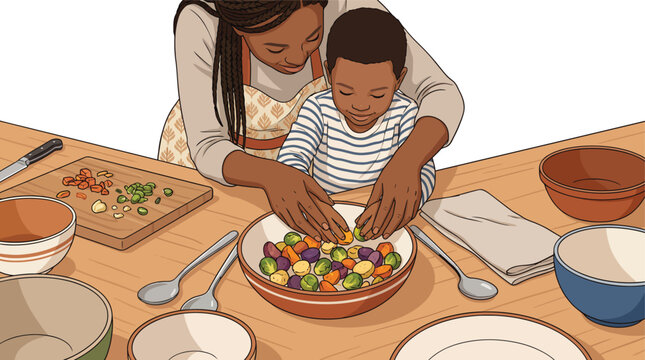 Warm Autumn Meal Preparation: Mother and Child Collaborating in the Kitchen for Advertising Campaigns