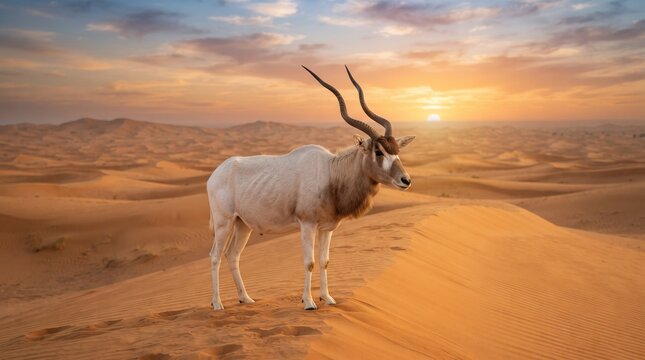Addax antelope stands gracefully atop a golden sand dune during a serene desert sunset, capturing the raw beauty of arid wilderness environments.