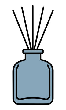 Minimalist monoline icon of a glass reed diffuser bottle with slender sticks on a white background, interior design and wellness concept