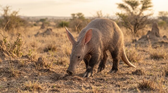 Aardvark searches for food on the dry savanna ground during a warm afternoon.