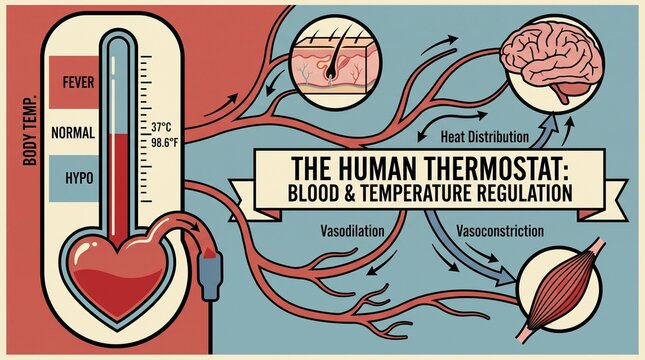 The Human Thermostat: Blood and Temperature Regulation. This infographic visually explains the complex mechanisms of the human body's internal temperature control, showcasing how blood flow.