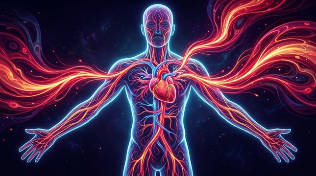 Human Circulatory System with Energy Flow: An artistic depiction of the human circulatory system, highlighting the heart and blood vessels.