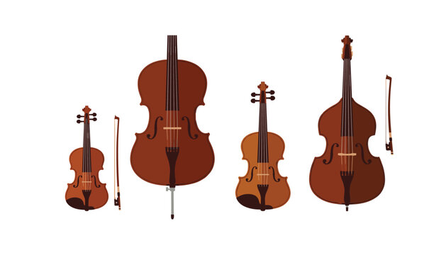 Classical string instruments vector illustration set. Violin, viola, cello with endpin, double bass, musical bows, acoustic wooden bodies, isolated white background.