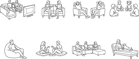 Fototapeta premium People Relaxing and Sitting on Furniture Line Art Vector Set Featuring Living Room Activities and Family Time