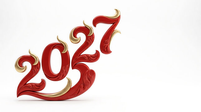 Ornate 2027 numbers arranged in a flowing upward spiral for the Chinese New Year of the Goat,  rendered decorative red and gold elements, isolated on a bright white background.