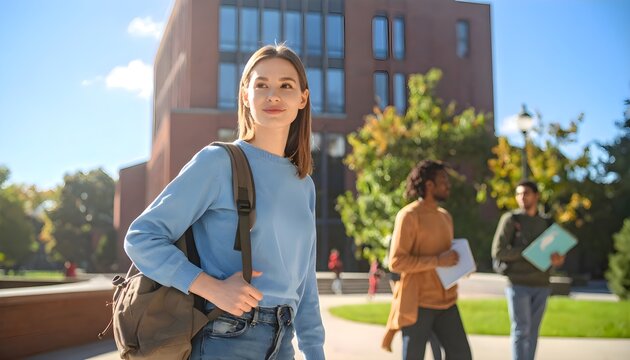 woman student walking on a college campus with other students, starting a new academic journey