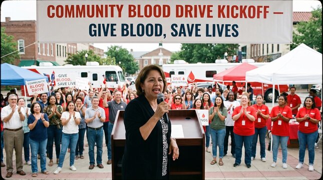 Community Blood Drive Kic K off: A woman speaks at a podium in front of a banner for a Community Blood Drive Kickoff - Give Blood, Save Lives.